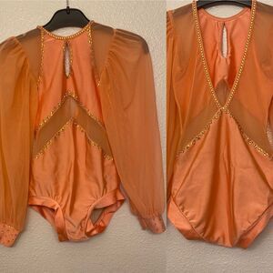 LA dance solo custom orange costume mesh rhinestone poet sleeve Diana leotard LC